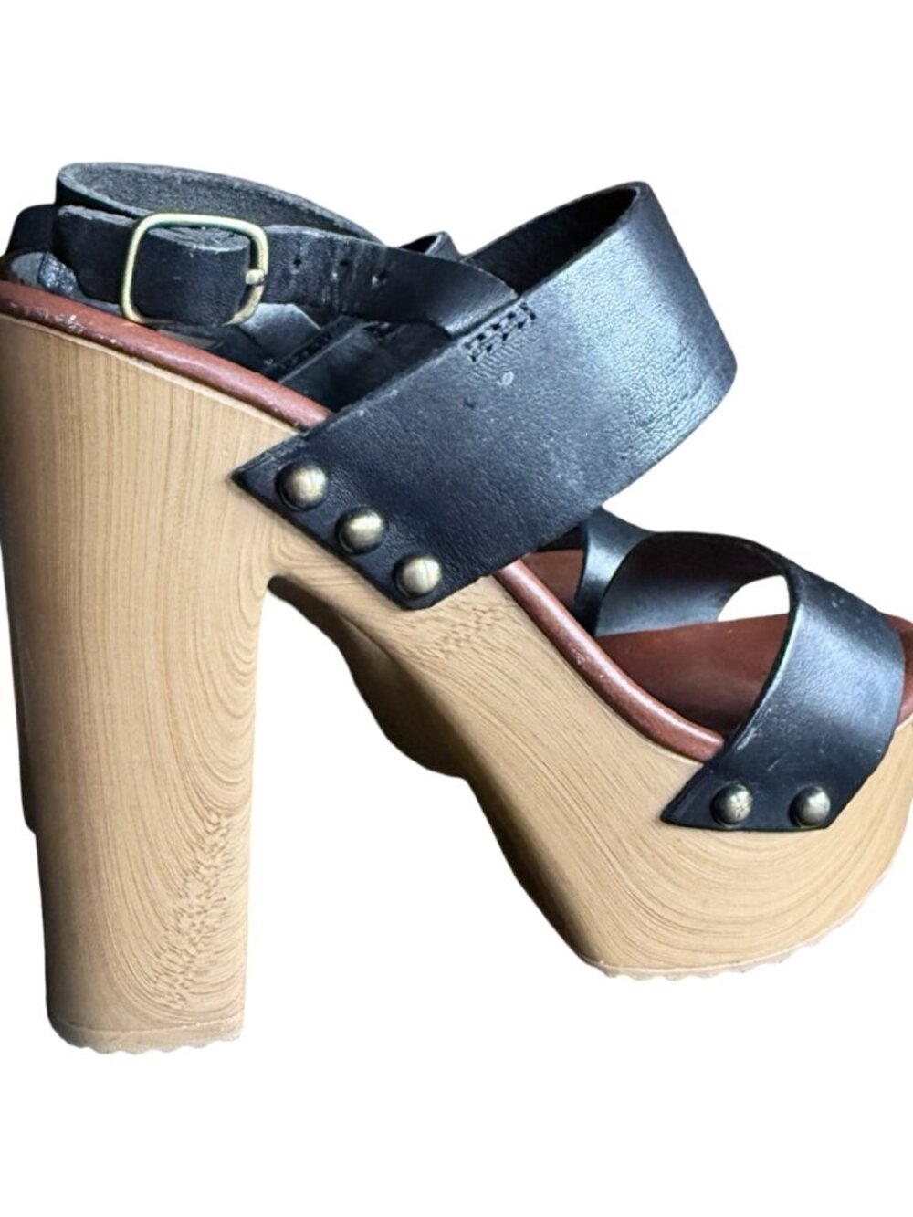 ShoeMint Black Leather Studded Wood Platform Sandals Retro 70s Clogs Size 5 - Picture 3 of 10